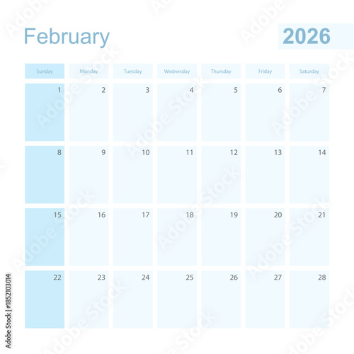 2026 February wall planner in blue color, week starts on Sunday.