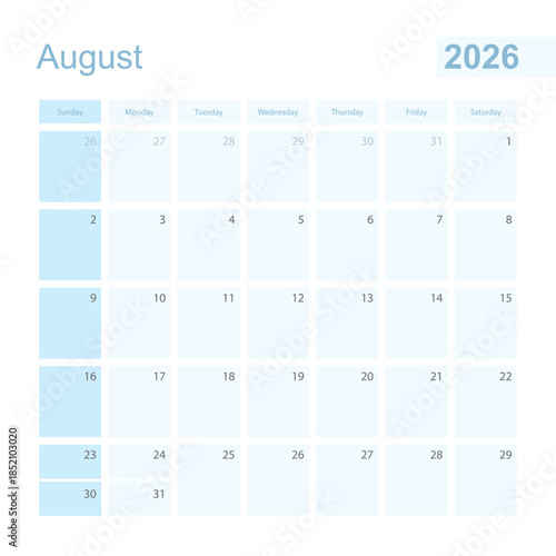 2026 August wall planner in blue color, week starts on Sunday.