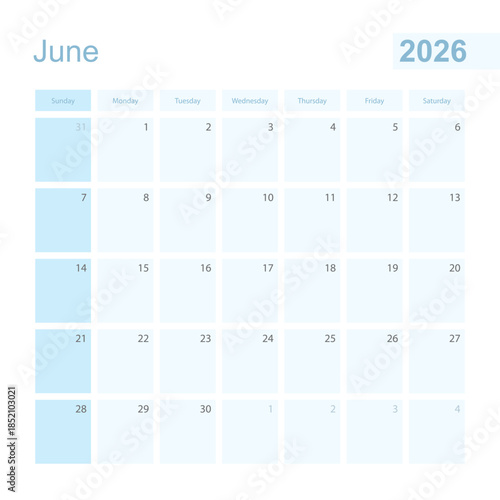 2026 June wall planner in blue color, week starts on Sunday.