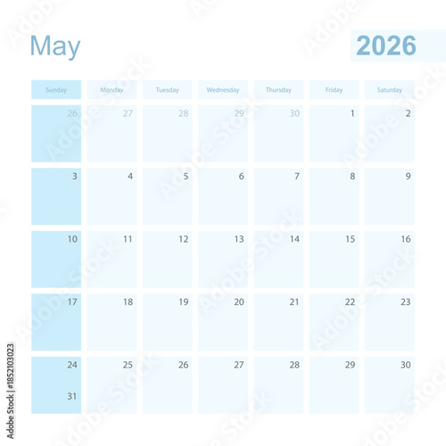 2026 May wall planner in blue color, week starts on Sunday.