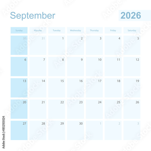 2026 September wall planner in blue color, week starts on Sunday.