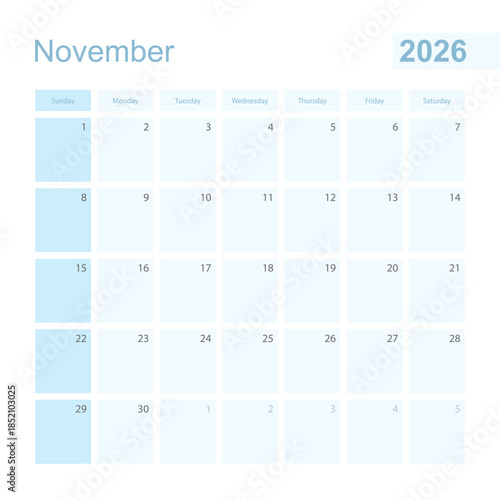 2026 November wall planner in blue color, week starts on Sunday.