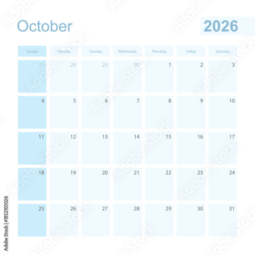 2026 October wall planner in blue color, week starts on Sunday.