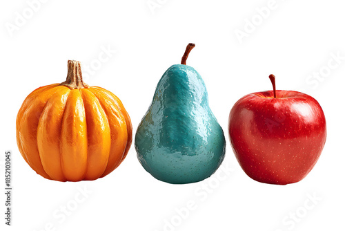 Still Life Pumpkin, Teal Pear, and Red Apple, isolated on transparent background