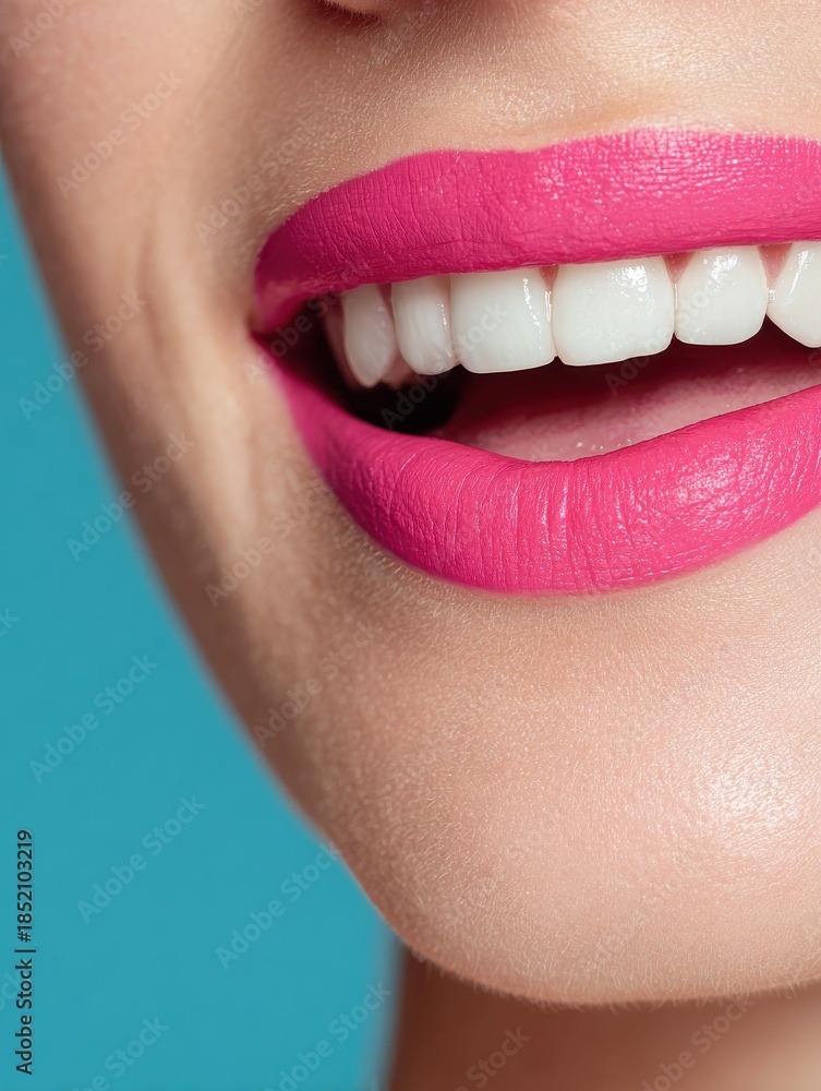 Obraz premium happy teen girl face with dental healthy wide smile and trendy pink makeup laughing isolated on blue background white perfect teeth dentistry and skin care teenage cosmetic concept close up view no l