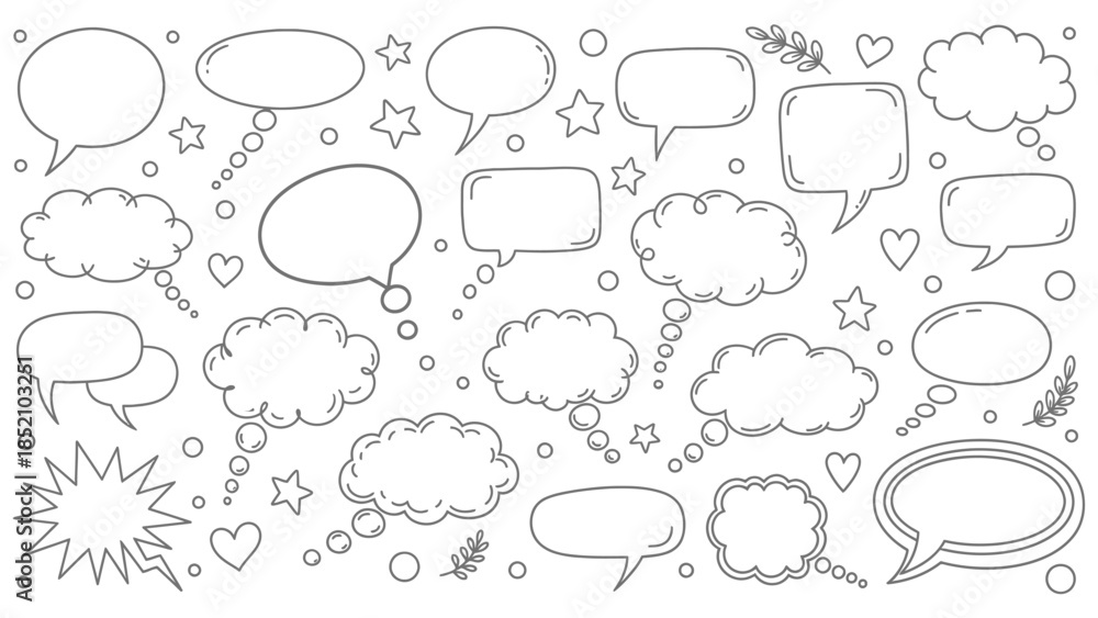 Fototapeta premium A collection of hand drawn speech bubbles stars hearts and decorative elements in a black and white style