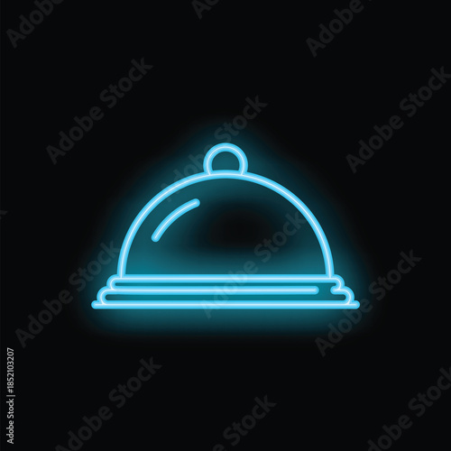 Blue neon sign restaurant cloche icon glowing on black background