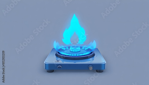 Modern portable gas stove with bright blue flame