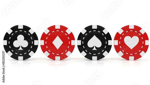 A visually appealing arrangement of four casino chips displaying different card suits in a row