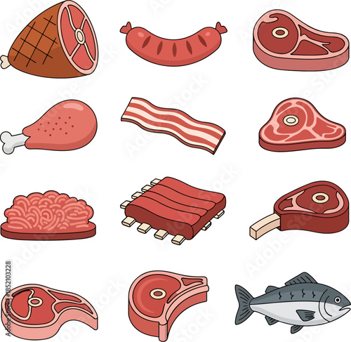 Collection of Fresh Raw Meats and Fish Such as Steaks, Ribs, Sausages, Ham, Bacon, Chicken Leg, Minced Meat, and Whole Fish