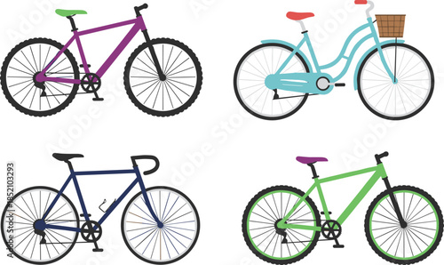 Colorful bicycle illustration set featuring mountain bike, city cruiser, road bike, and hybrid bicycle designs, flat vector style, isolated on white background