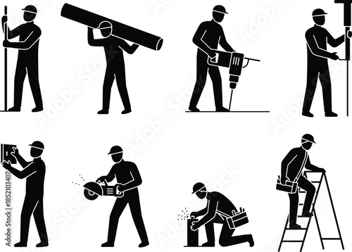Construction worker silhouettes, industrial labor icons set, builders using tools, drilling cutting welding climbing ladder, safety helmet pictogram illustration