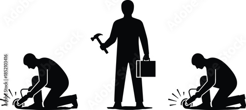 Construction worker silhouette illustration, labor process concept, professional handyman tools, teamwork stages, repair workflow, industry safety, manual work, building maintenance graphic