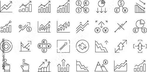 Collection of financial and business growth charts and icons illustrating investment, profit, and analysis, with currency symbols