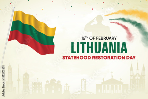 Lithuania Flag Waving With Army Soldier and Air Show On Skyline Background. Statehood Restoration Day Concept Design Vector Illustration.