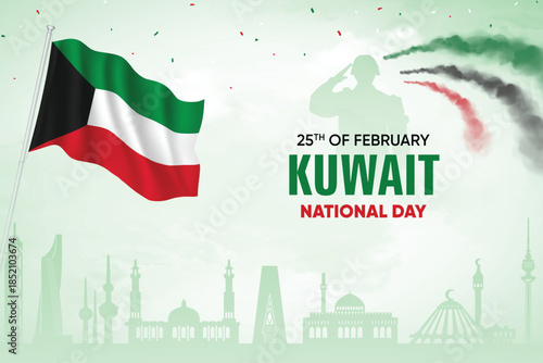 Kuwait Flag Waving With Army Soldier and Air Show On Skyline Background. National Day Concept Design Vector Illustration.