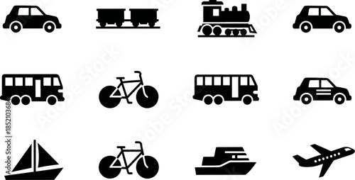 Collection of diverse transportation icons including car, bus, train, bicycle, airplane, and sailboat on a white background