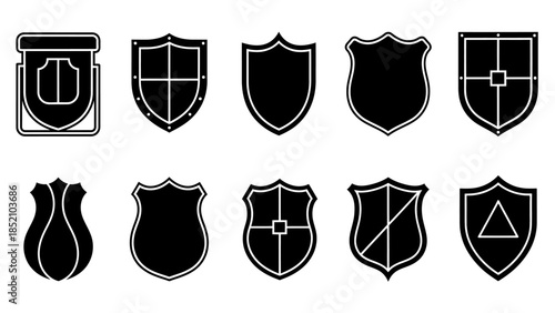 A collection of various black and white shield icons and emblems with differing shapes and designs