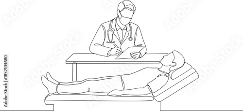 Doctor consulting patient during medical examination line art illustration healthcare diagnosis clinic treatment professional physician hospital vector design therapy care checkup