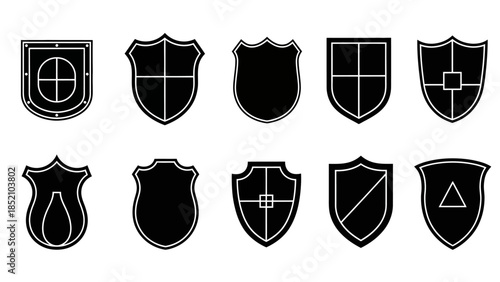 a collection of various black and white shield icons in different shapes and designs displayed in rows