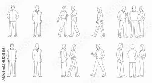 Collection of diverse people line art illustrations in various poses and activities, presenting a dynamic group dynamic and individual actions