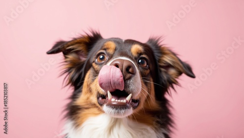 Funny Dog Licking Nose on Pink Background Playful Pet Portrait