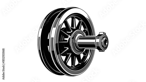 Detailed Illustration of a Vintage Train Wheel and Axle Assembly.