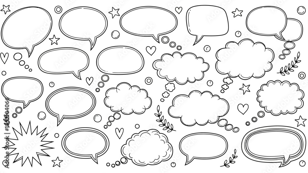 Fototapeta premium A collection of various hand drawn speech bubbles thought bubbles and decorative elements in black and white