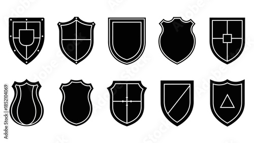 A collection of diverse black and white shield outlines varying in shape and design elements