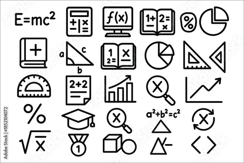 Collection of black line art math and science icons on white background calculator