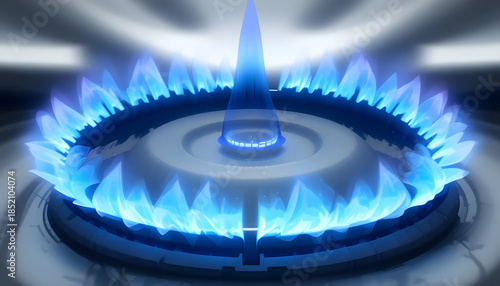 Blue gas stove burner with vibrant flames burning brightly