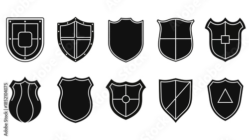 A collection of various black and white shield icons displaying different heraldic designs and shapes