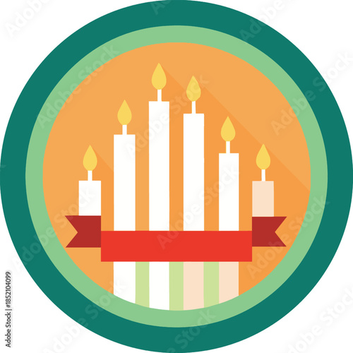 Menorah with lit candles in a decorative circle isolated on white background