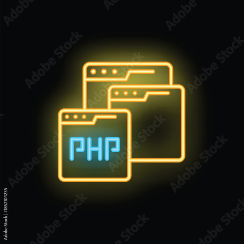 Neon icon featuring a php file highlighted in front of two other generic files, representing the concept of web development