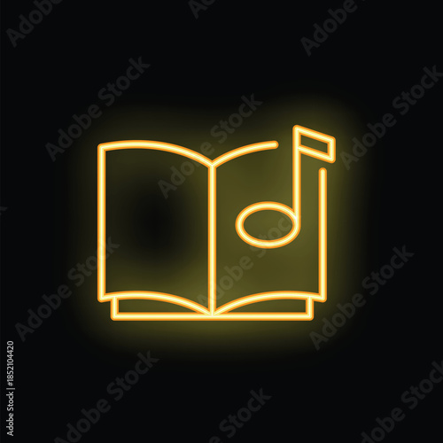 Yellow neon icon of an open book with a musical note, representing audiobooks, education, and the connection between reading and music