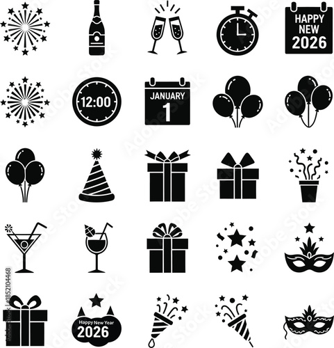 Happy New Year Celebration Silhouette Icons.