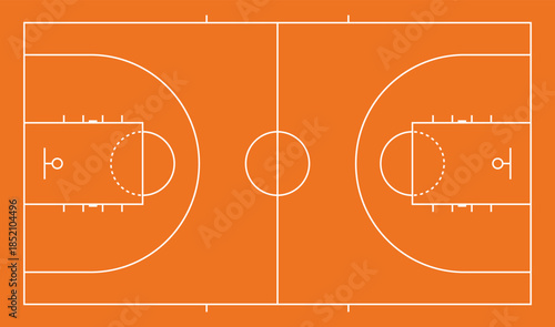 Basketball court line diagram in top view with white outlines on bright orange background.