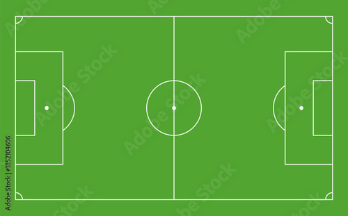 Soccer field line diagram in top view with clean white markings on green background.