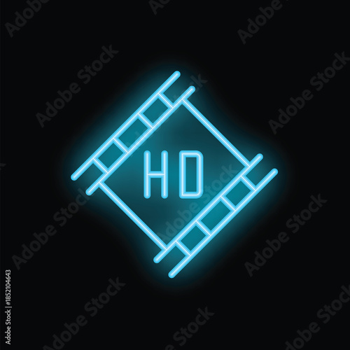 Blue neon sign showing the acronym hd for high definition with a film strip on a black background