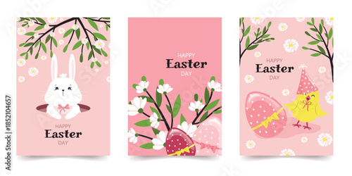 Set of festive spring delicate floral Easter templates with a cute rabbit and a chick for postcards, backgrounds, banners, posters, covers. Vector design.
