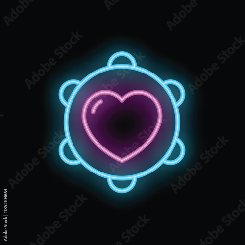Glowing neon heart beating inside a tambourine with a black background
