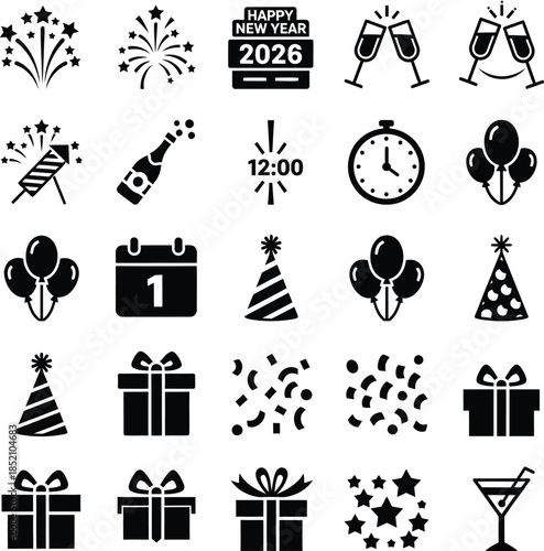 Happy New Year Celebration Silhouette Icons.