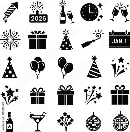 Happy New Year Celebration Silhouette Icons.