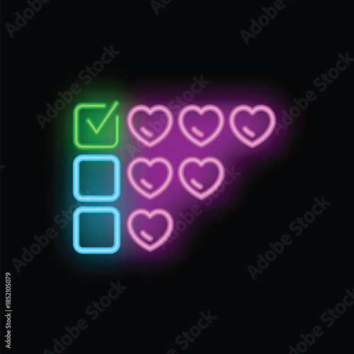 Neon heart rate increasing with check boxes showing increasing level of passion, love, or rating