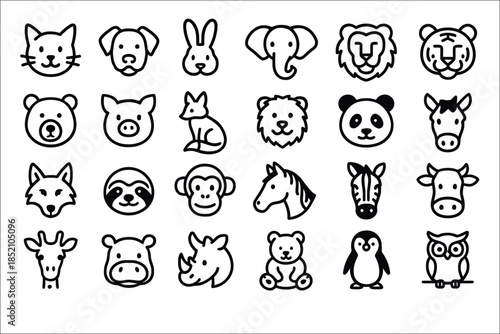 Collection of simple black and white animal icons including cat dog rabbit elephant lion tiger bear pig fox sloth monkey