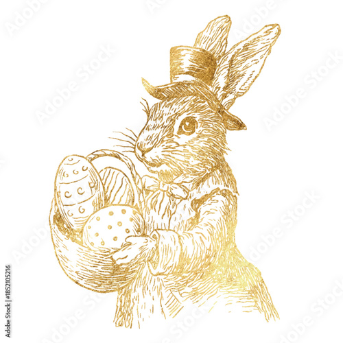 Golden Easter bunny holding decorated eggs Victorian illustration, styled as a 19th century antique engraving with detailed cross-hatching Vector