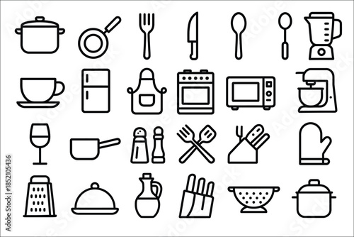 Collection of simple black line art icons representing kitchen utensils and appliances vector