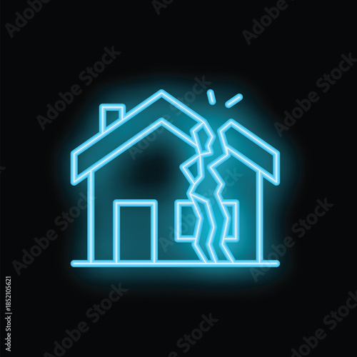 Glowing blue neon icon of a house breaking apart, symbolizing the devastating impact of an earthquake