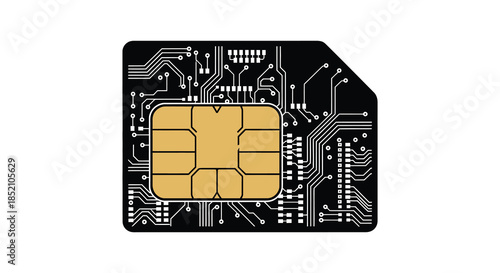 Detailed view of a sim card with intricate circuit patterns a black silhouette
