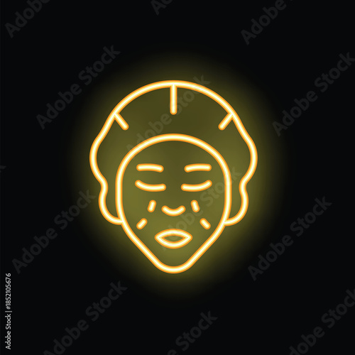 Yellow glowing neon icon of a beautician applying a cosmetic mask to a client's face
